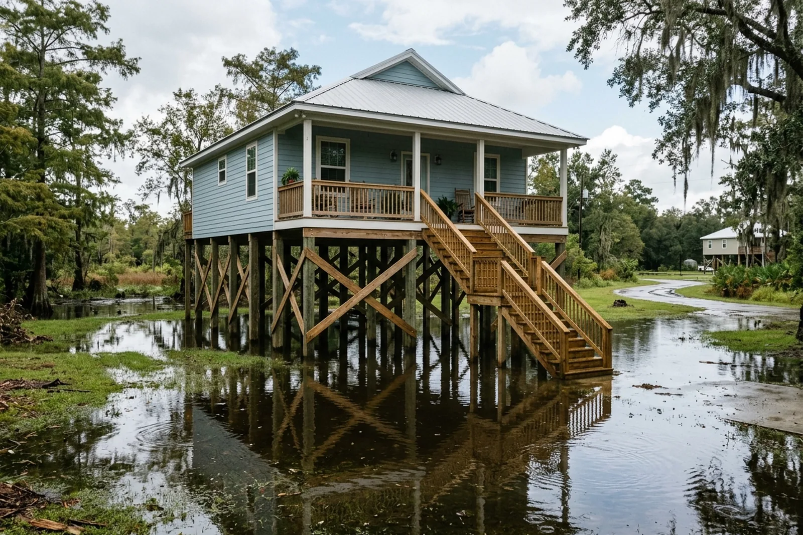Elevated home staying dry above standing water