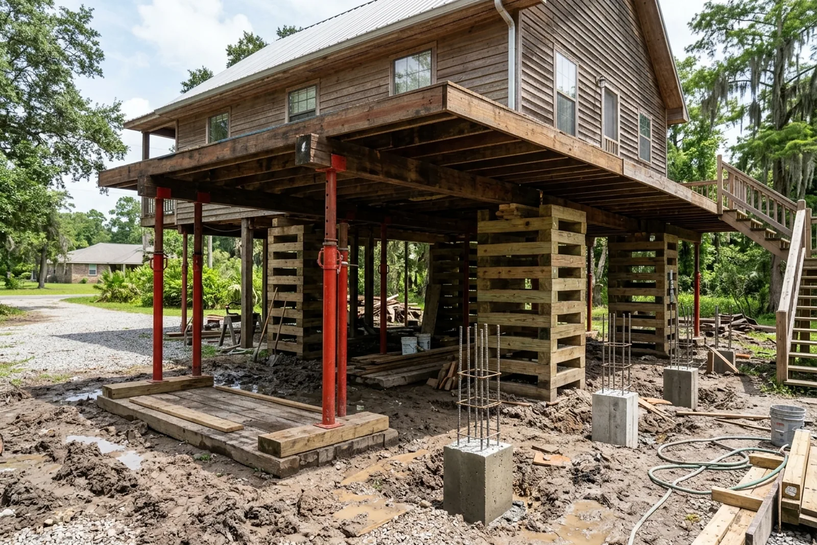 Temporary shoring under a raised house during foundation repair